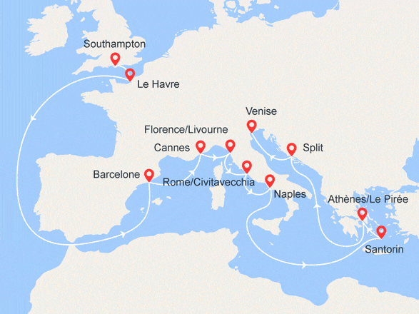 itinéraire croisière Méditerranée : De Southampton à Venise : Barcelone, Cannes, Grèce, Croatie...