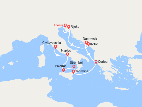itinéraire croisière Méditerranée Orientale : De Trieste à Civitavecchia: Croatie, Corfou, Sicile, Italie