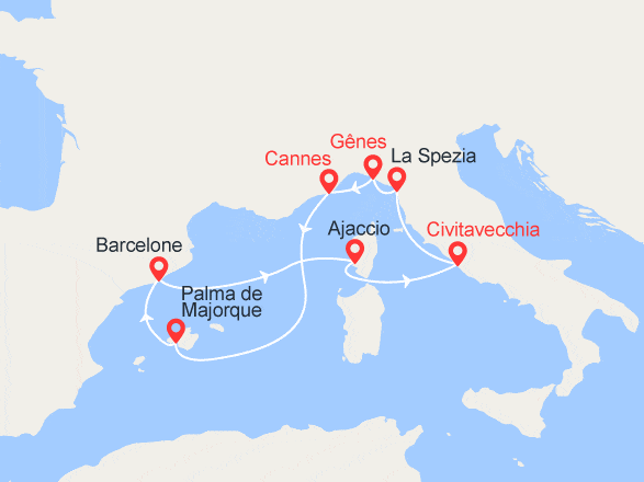 itinéraire croisière Méditerranée : Des Baléares aux places romaines : Italie, France, Espagne