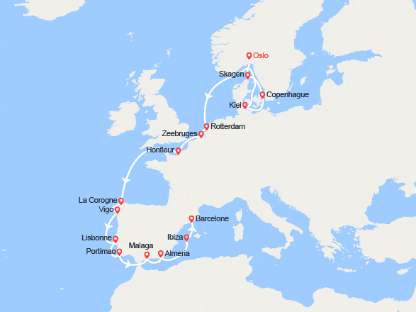 itinéraire croisière Europe du Nord : Des Capitales nordiques à l'Espagne