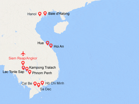 itinéraire croisière Mékong : Des Temples d'Angkor au Delta du Mékong, les villes impériales, Hanoï et la Baie d'Halong (1R9)