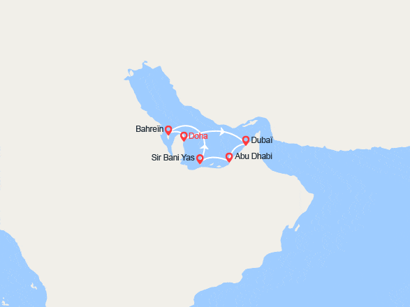 itinéraire croisière Moyen Orient : Désert Fantastique : Dubaï, Abu Dhabi, Sir Bani Yas, Bahreïn