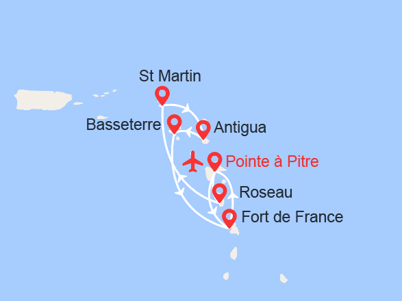 itinéraire croisière Caraïbes et Antilles : Dominique, St Maarten, Antigua, St Kitts, Martinique - Vols inclus
