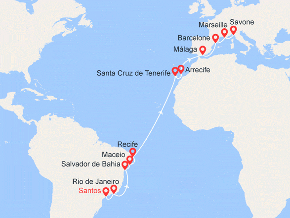 itinéraire croisière Transatlantique : Du Brésil à la Méditerranée
