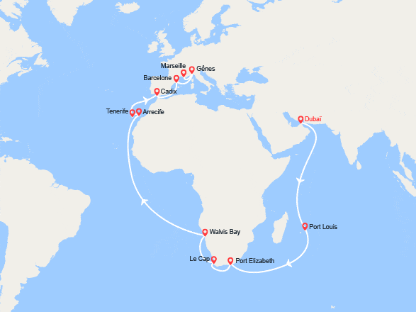 itinéraire croisière Moyen Orient : Émirats arabes unis, Maurice, Afrique du Sud, Namibia, Canaries, Espagne, Italie, France