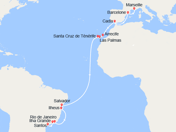 itinéraire croisière Transatlantique : En route vers le Brésil : Espagne, Îles Canaries, Brésil