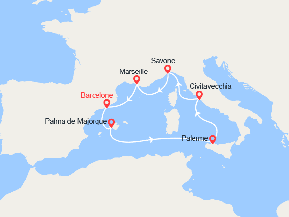 itin&eacute;raire croisi&egrave;re Méditerranée : Espagne, Baléares, Italie, France 