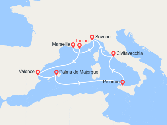 itinéraire croisière Méditerranée Occidentale : Espagne, Baléares, Italie, France