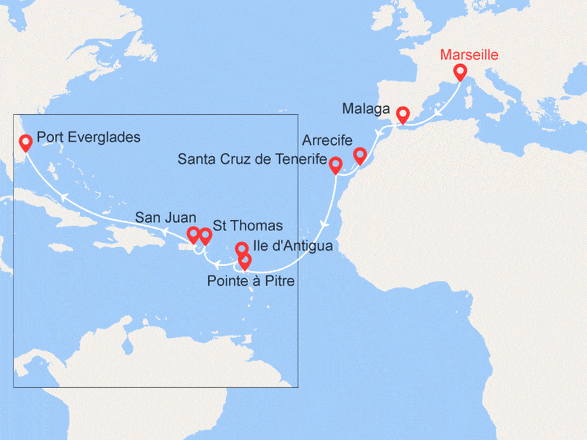 itinéraire croisière Transatlantique : Espagne, Canaries, Antilles, Iles Vierges, Porto Rico