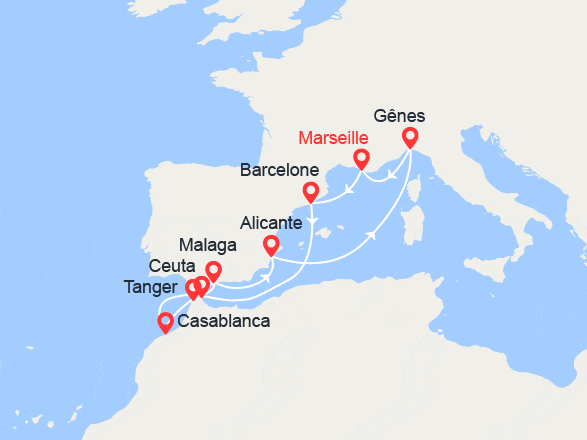 itinéraire croisière Méditerranée : Espagne, Casablanca, Italie