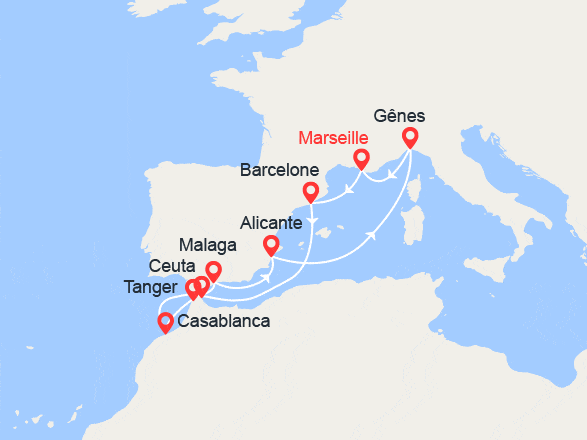 itinéraire croisière Méditerranée : Espagne, Casablanca, Italie 
