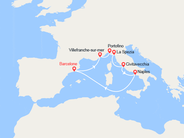 itin&eacute;raire croisi&egrave;re Méditerranée Occidentale : Espagne, Côte d'Azur, Italie 