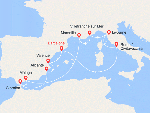 itinéraire croisière Méditerranée : Espagne, France, Italie