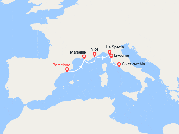 itinéraire croisière Méditerranée Occidentale : Espagne, France, Italie