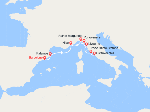 itinéraire croisière Méditerranée Occidentale : Espagne, France, Italie
