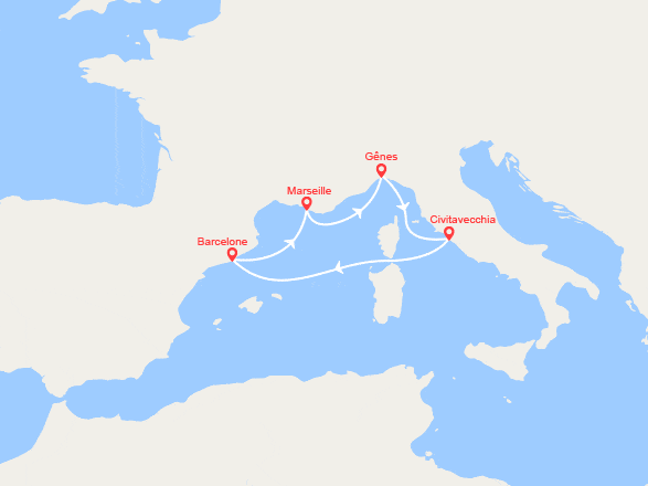 itin&eacute;raire croisi&egrave;re Méditerranée Occidentale : Espagne, France, Italie 