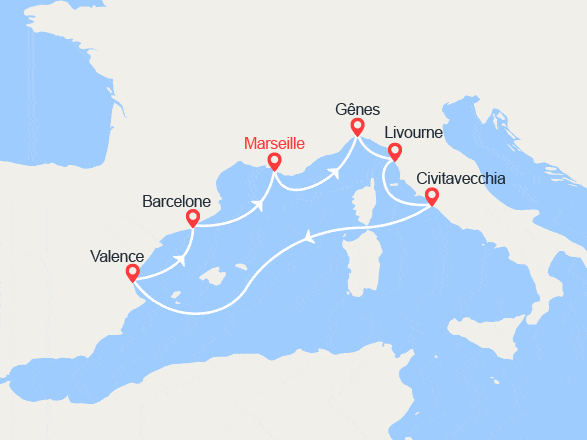 itinéraire croisière Méditerranée Occidentale : Espagne, France, Italie