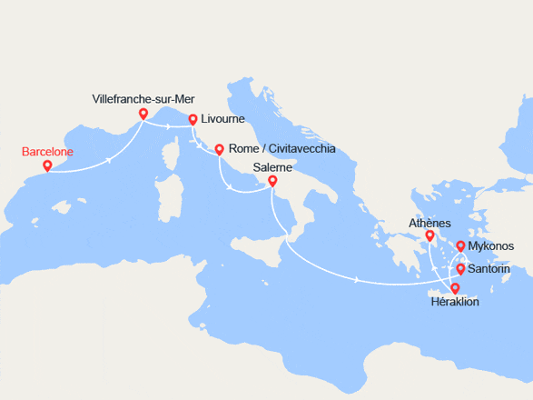 itin&eacute;raire croisi&egrave;re Méditerranée Orientale : Espagne, France, Italie, Grèce 