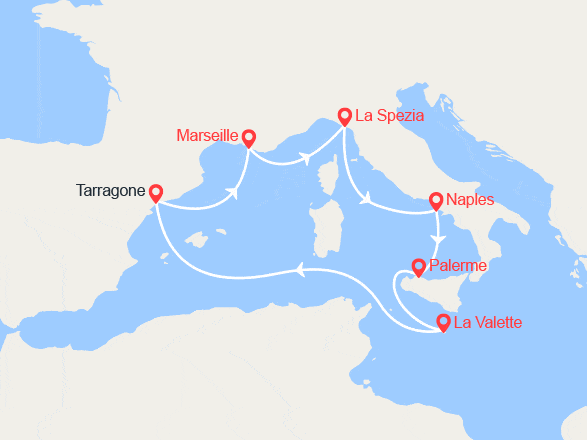 itinéraire croisière Méditerranée Occidentale : Espagne, France, Italie, Malte