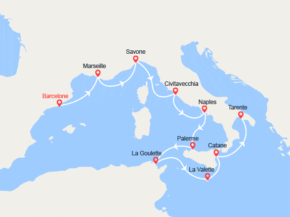itinéraire croisière Méditerranée Occidentale : Espagne, France, Italie, Malte