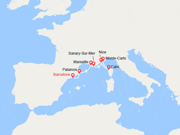 itinéraire croisière Méditerranée Occidentale : Espagne, France, Monaco