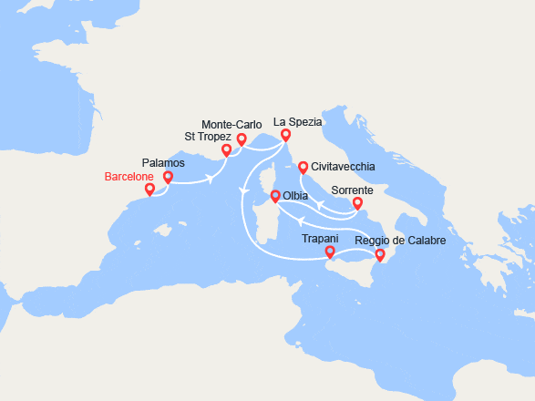 itin&eacute;raire croisi&egrave;re Méditerranée Occidentale : Espagne, France, Monaco, Italie 