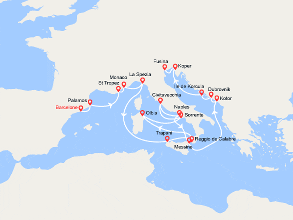 itin&eacute;raire croisi&egrave;re Méditerranée Orientale : Espagne, France, Monaco, Italie, Monténégro, Croatie, Slovénie 