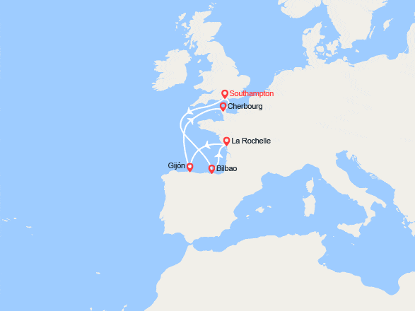 itinéraire croisière Europe du Nord : Espagne, France au départ du Royaume-Uni