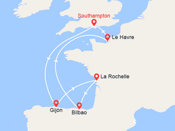 itin&eacute;raire croisi&egrave;re Europe du Nord : Espagne, France au départ du Royaume-Uni 