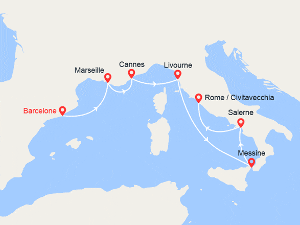itin&eacute;raire croisi&egrave;re Méditerranée Occidentale : Espagne, France et Italie 