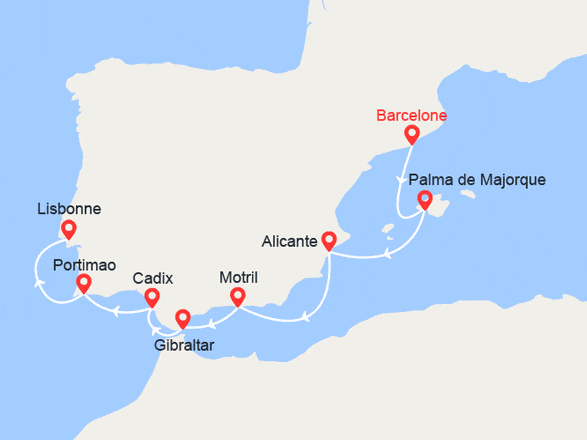 itin&eacute;raire croisi&egrave;re Méditerranée Occidentale : Espagne, Gibraltar, Portugal 