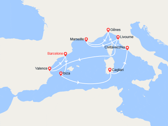 itinéraire croisière Méditerranée Occidentale : Espagne, Ibiza, Italie, France