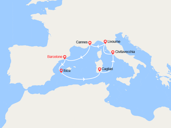 itinéraire croisière Méditerranée Occidentale : Espagne, Ibiza, Italie,France