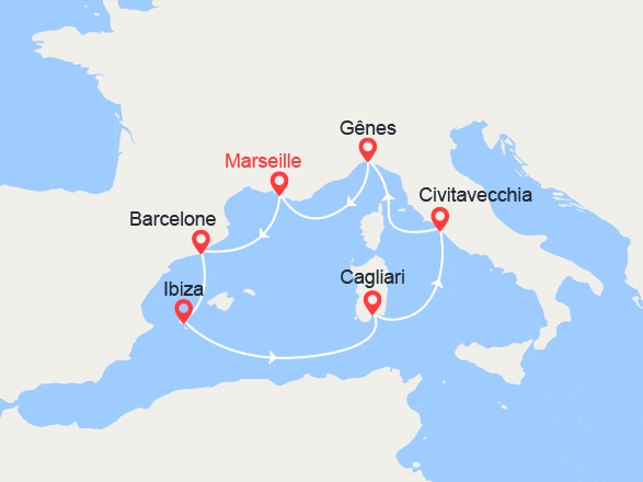 itinéraire croisière Méditerranée Occidentale : Espagne, Ibiza, Sardaigne, Italie