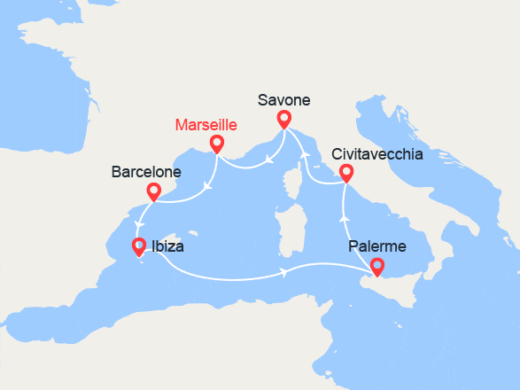 itinéraire croisière Méditerranée Occidentale : Espagne, Ibiza, Sicile, Italie