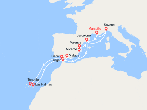 itinéraire croisière Méditerranée Occidentale : Espagne, Iles Canaries, Maroc, Italie