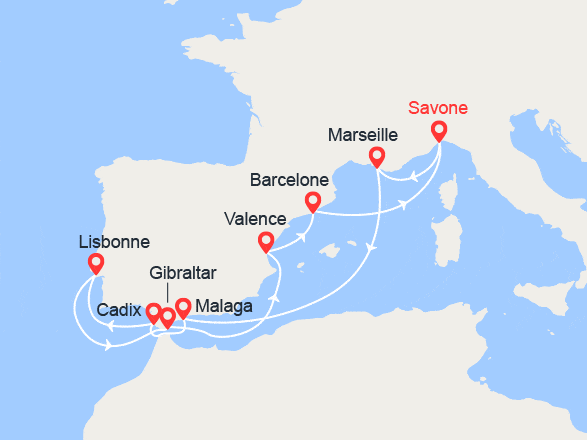 itinéraire croisière Méditerranée : Espagne, Italie, France, Portugal, Gibraltar