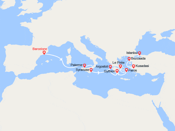 itin&eacute;raire croisi&egrave;re Méditerranée Orientale : Espagne, Italie, Grèce, Turquie 
