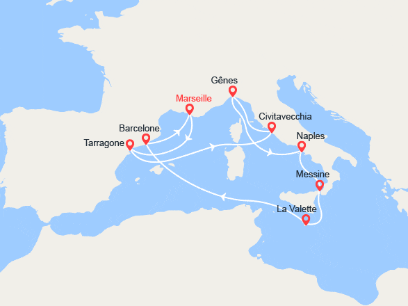 itin&eacute;raire croisi&egrave;re Méditerranée Occidentale : Espagne, Italie, Malte 