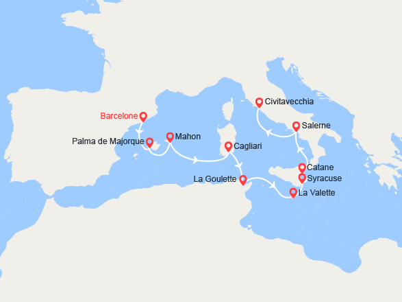 itinéraire croisière Méditerranée Orientale : Espagne, Italie, Tunisie, Malte