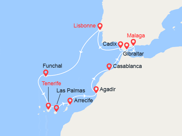 itinéraire croisière Canaries Madère : Espagne, Madère, Iles Canaries, Maroc, Gibraltar