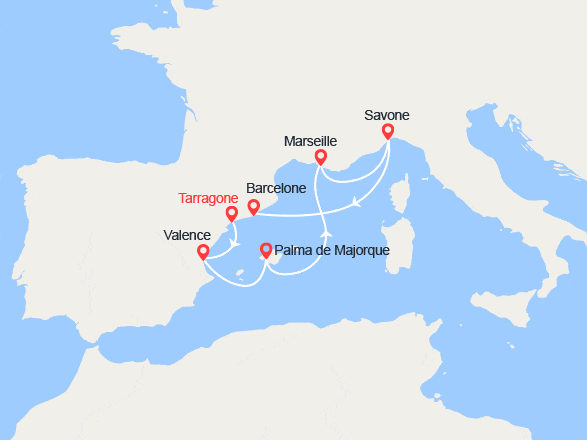 itinéraire croisière Méditerranée Occidentale : Espagne, Majorque, France, Italie