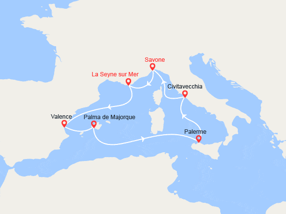itinéraire croisière Méditerranée Occidentale : Espagne, Majorque, Italie