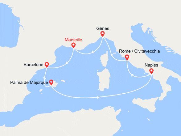 itin&eacute;raire croisi&egrave;re Méditerranée Occidentale : Espagne, Majorque, Italie 