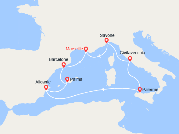 itin&eacute;raire croisi&egrave;re Méditerranée Occidentale : Espagne, Majorque, Sicile, Italie 