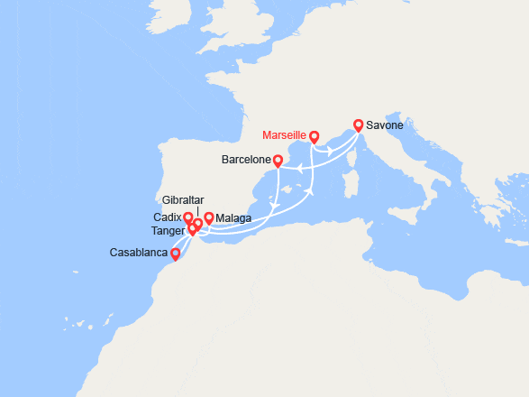 itin&eacute;raire croisi&egrave;re Méditerranée Occidentale : Espagne, Maroc, Gibraltar 