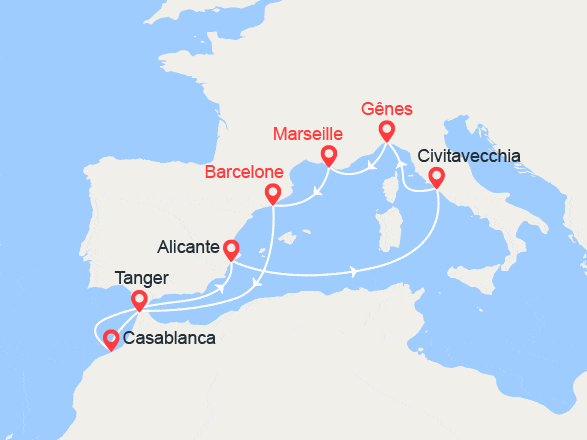 itinéraire croisière Méditerranée : Espagne, Maroc, Italie