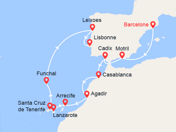 itin&eacute;raire croisi&egrave;re Méditerranée Occidentale : Espagne, Maroc, Portugal 
