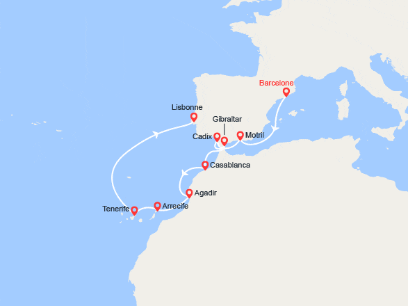 itin&eacute;raire croisi&egrave;re Méditerranée Occidentale : Espagne, Maroc, Portugal 