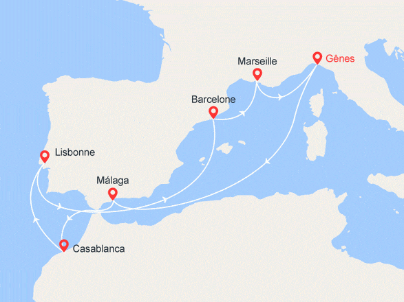 itinéraire croisière Méditerranée : Espagne, Maroc, Portugal